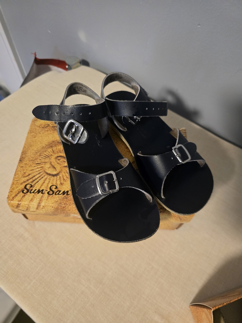 Kids Navy Leather Buckle Sandals